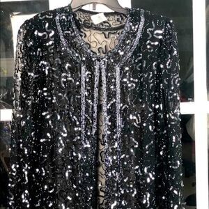 Dark Grey & Black bead embroidered silk blouse XS